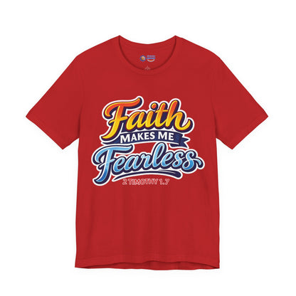Red t-shirt with 'Faith Makes Me Fearless' text design on a white background