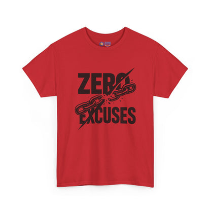 Red t-shirt with 'Zero Excuses' text and chain graphic on a white background