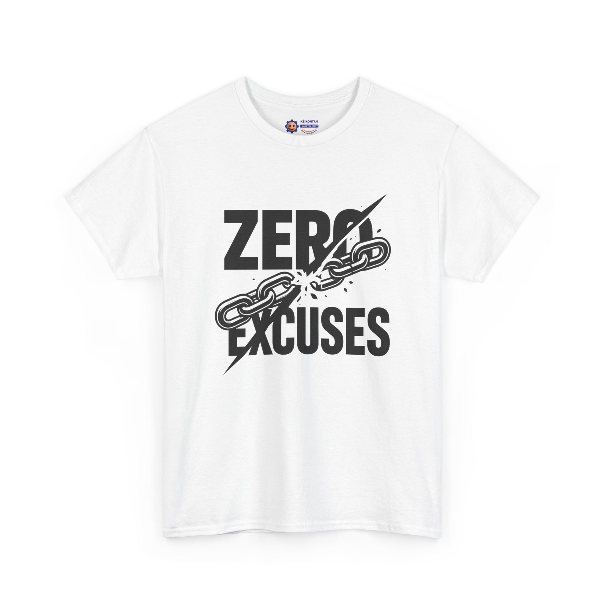 White t-shirt with 'Zero Excuses' graphic design on a white background