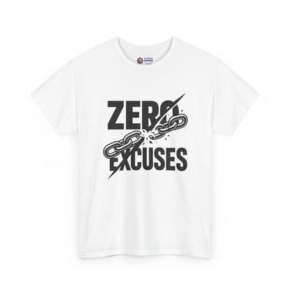 White t-shirt with 'Zero Excuses' graphic design on a white background