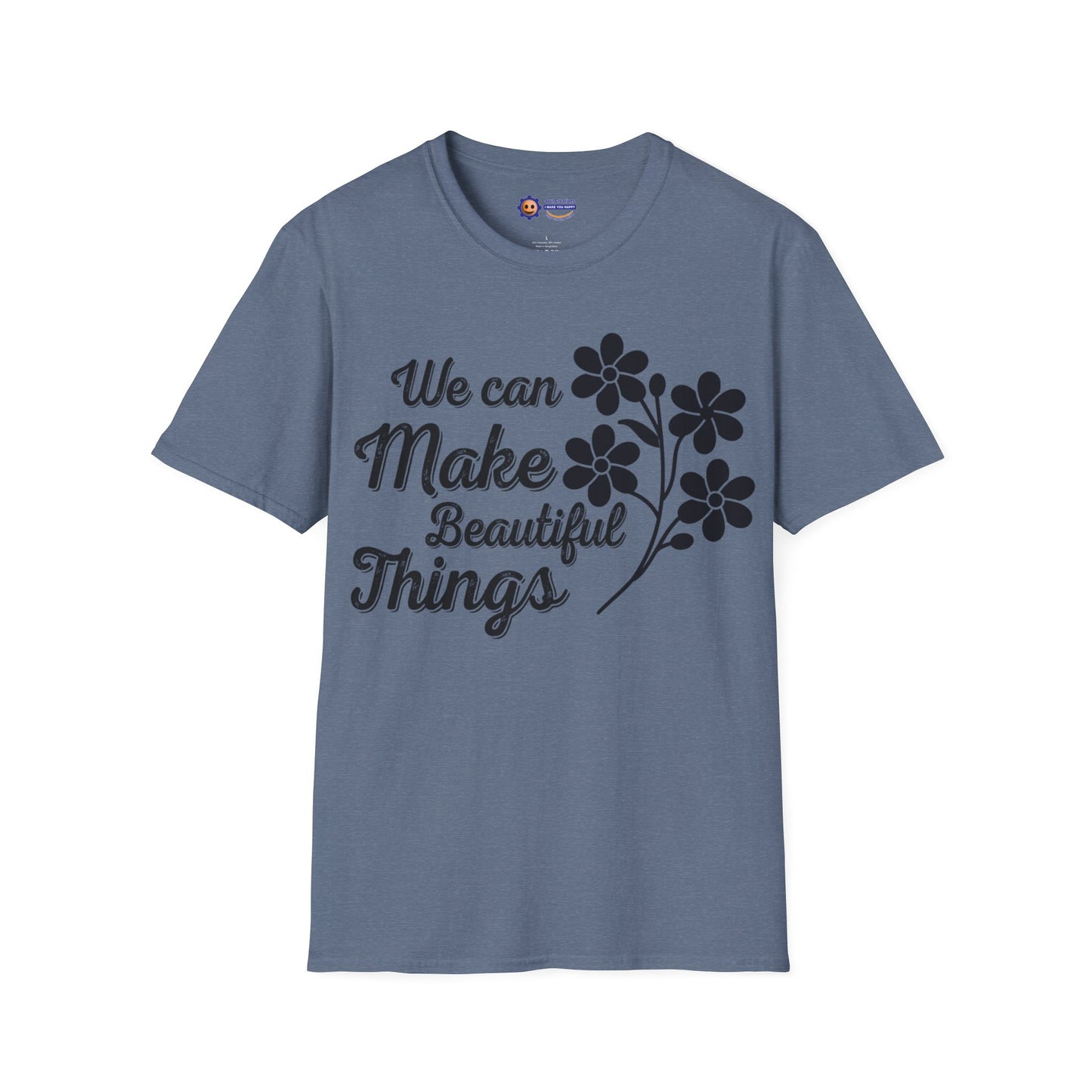 Gray t-shirt with black text and floral design on a white background