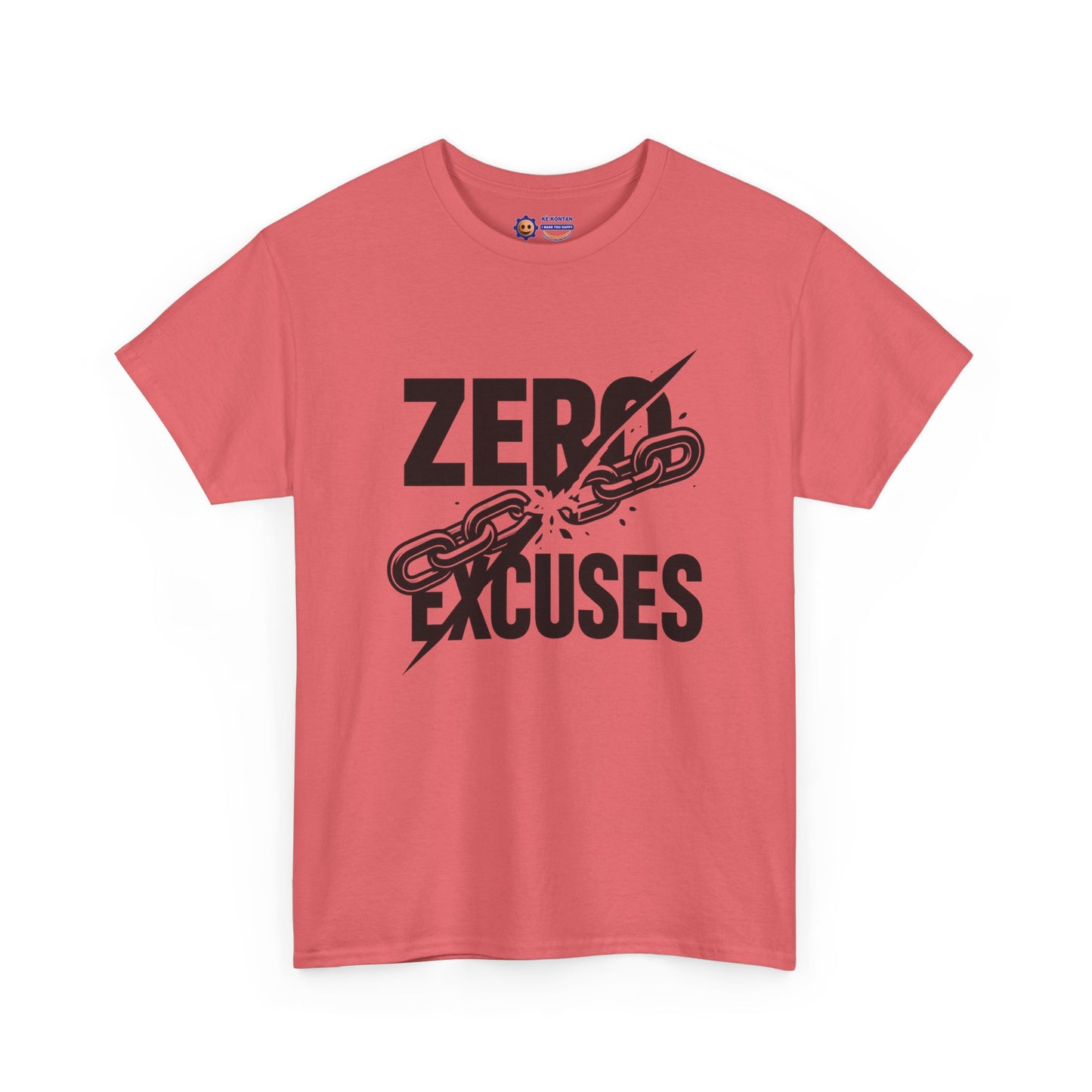 Pink t-shirt with 'Zero Excuses' graphic design on a white background
