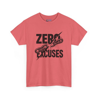 Pink t-shirt with 'Zero Excuses' graphic design on a white background