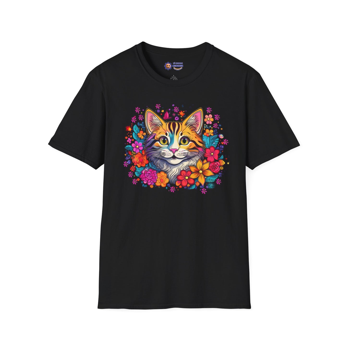 Black "Happy Cat in Flowers design on white unisex softstyle t-shirt"