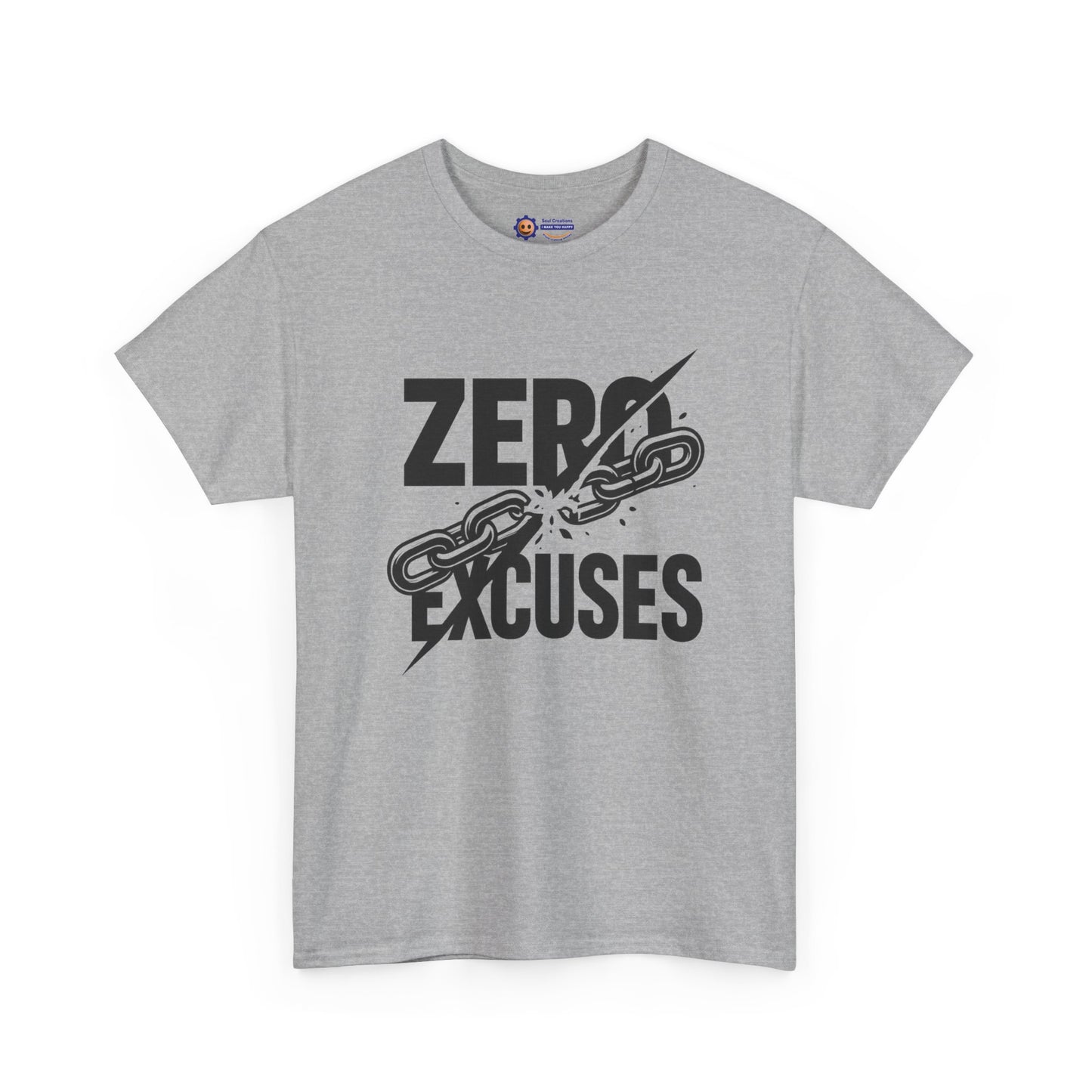 Gray t-shirt with 'Zero Excuses' text and chain graphic on a white background