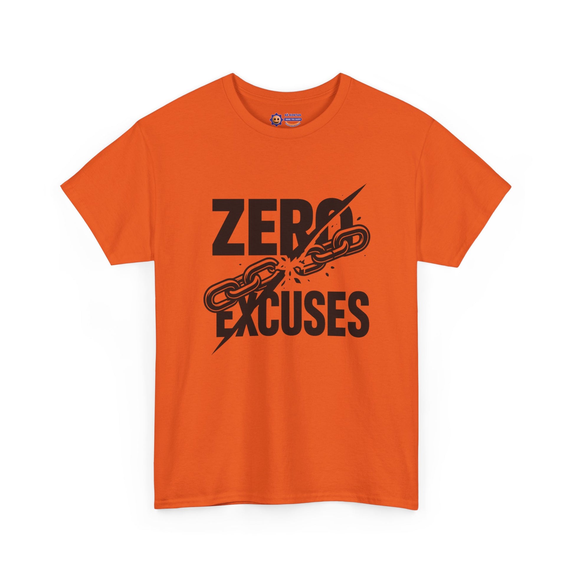 Orange t-shirt with 'Zero Excuses' text and chain graphic on a white background