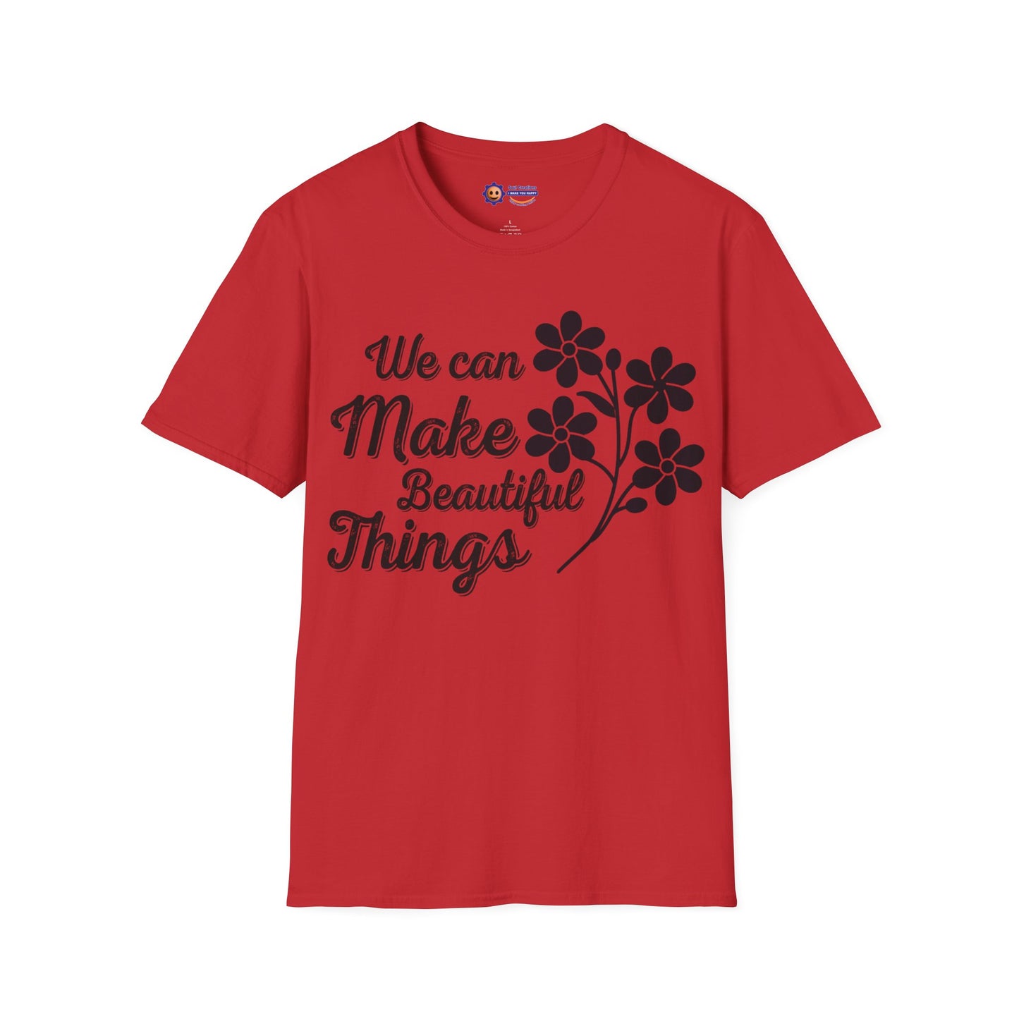 Red t-shirt with black text and floral design on a white background