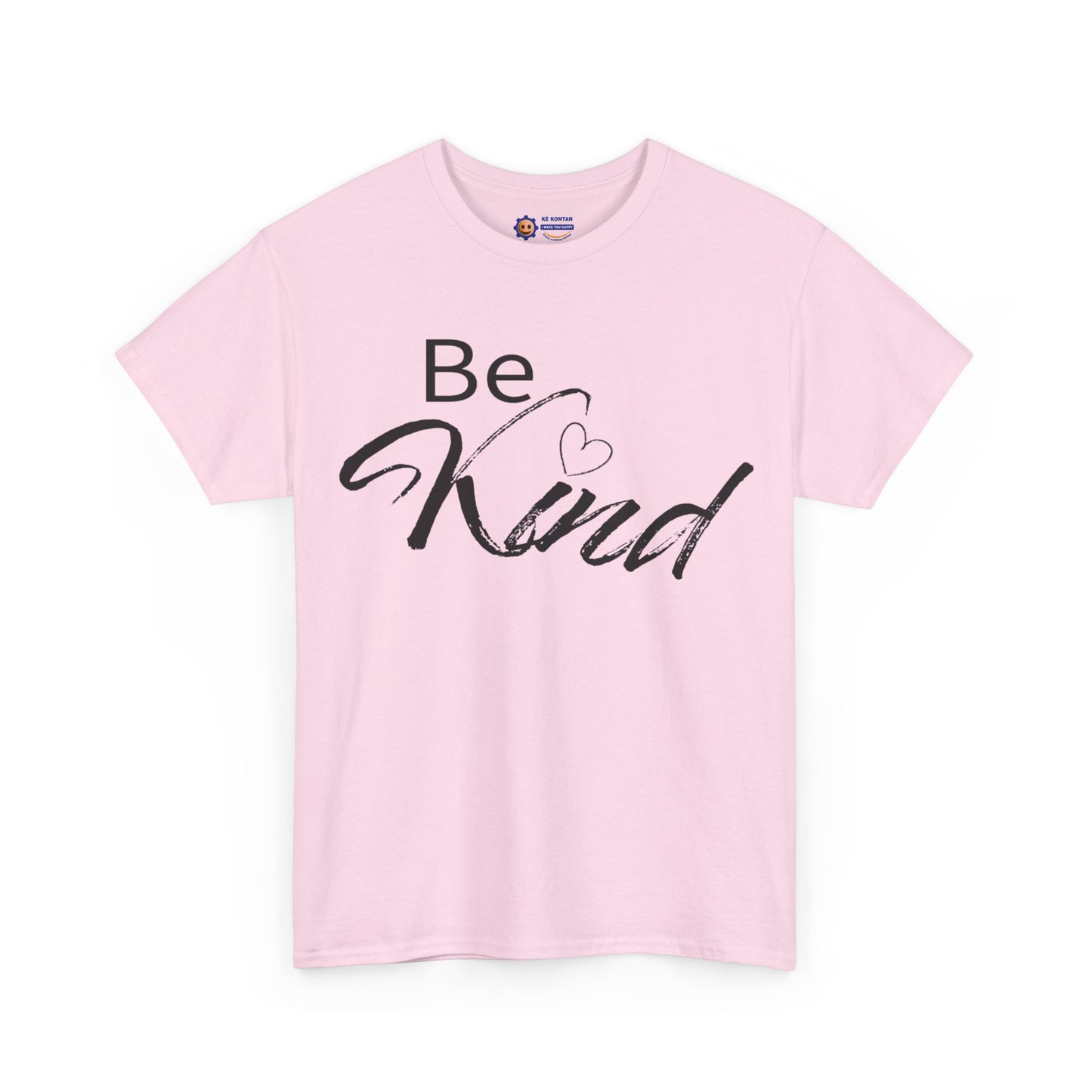 Pink t-shirt with 'Be Kind' text on a white background