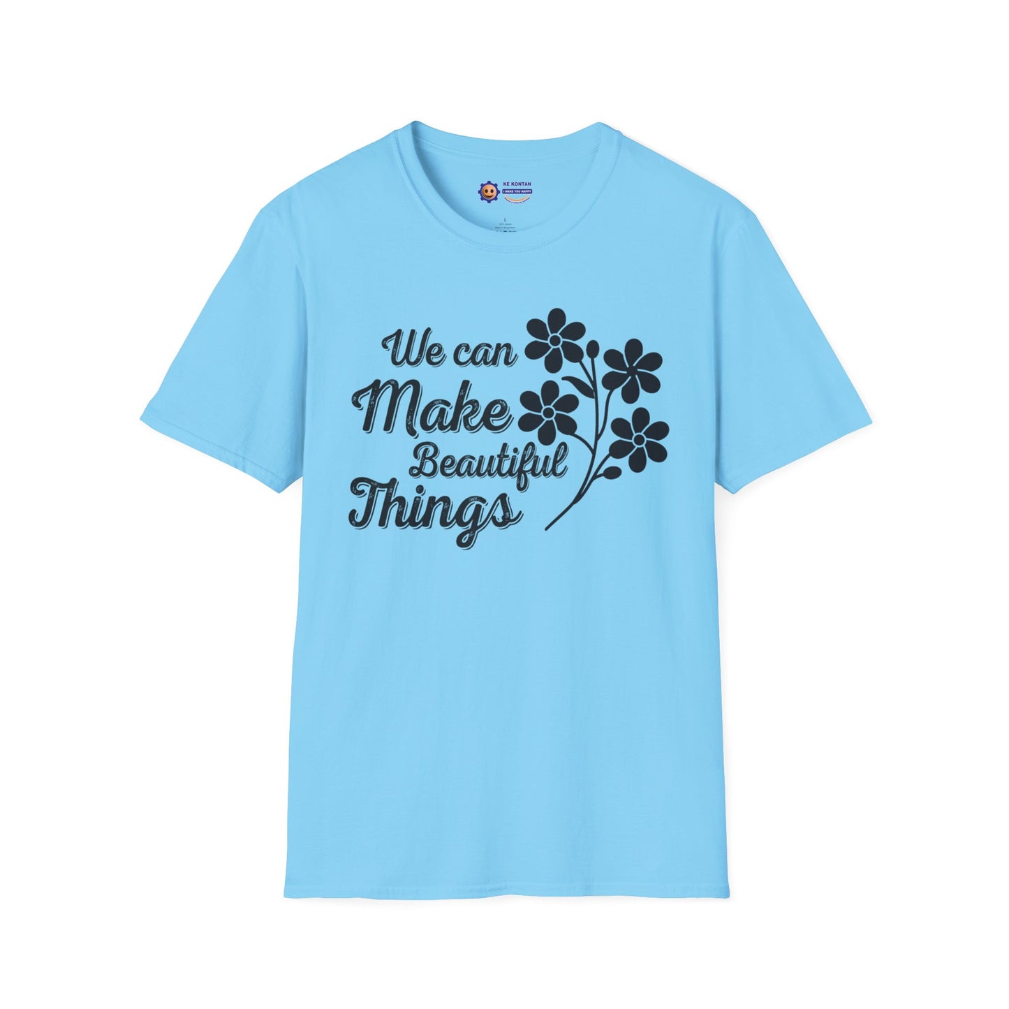 Light blue t-shirt with black text and floral design on a white background