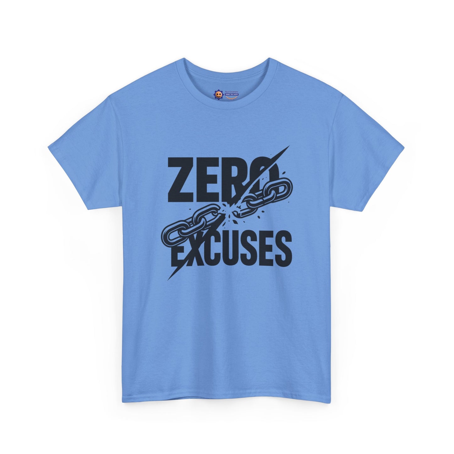 Blue t-shirt with 'Zero Excuses' graphic design on a white background
