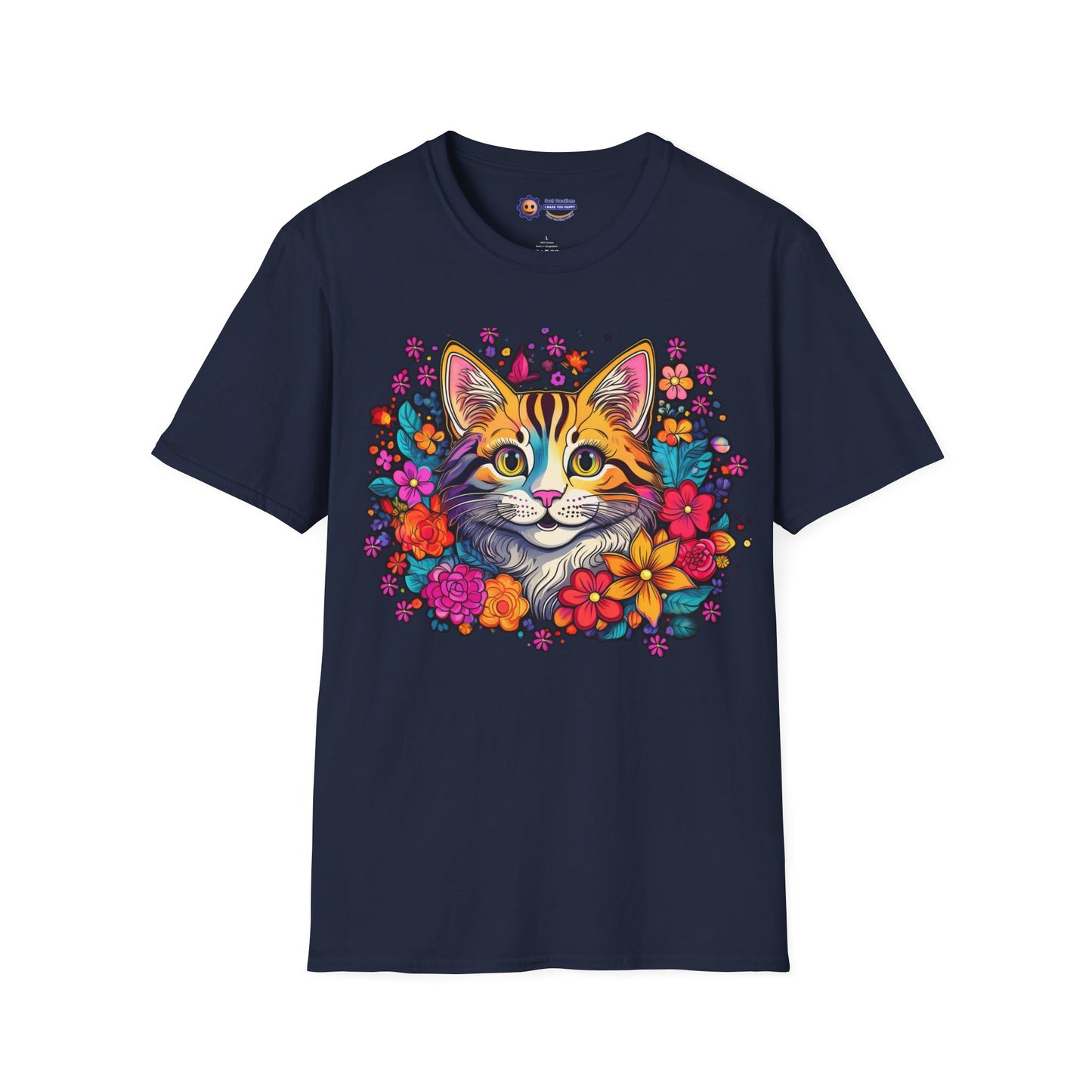Navy blue t-shirt with a colorful cat and floral design on a white background