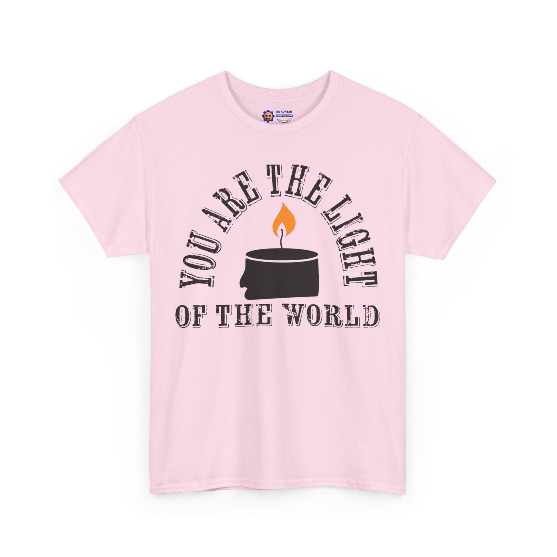 Pink t-shirt with a graphic and text 'You are the light of the world' on a white background