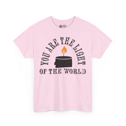 Pink t-shirt with a graphic and text 'You are the light of the world' on a white background