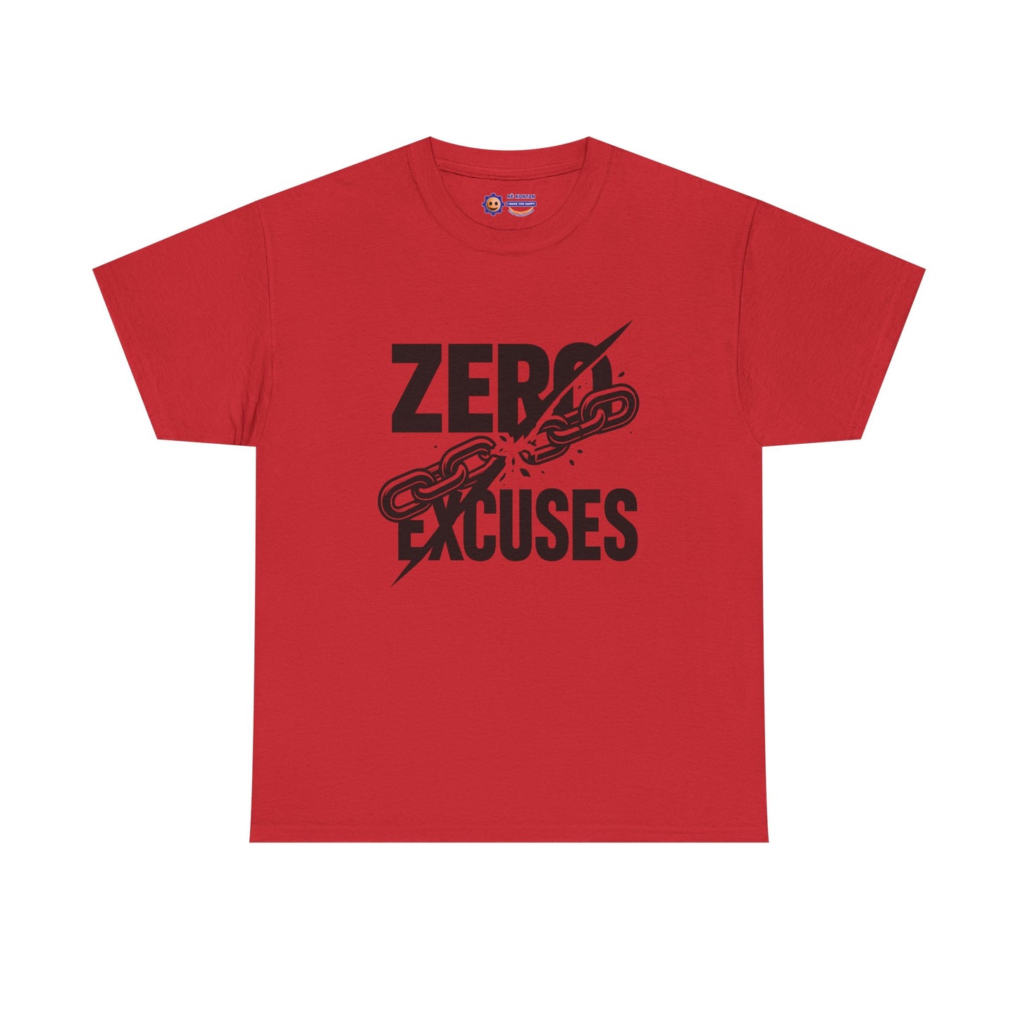 Red t-shirt with 'Zero Excuses' text and chain graphic on a white background