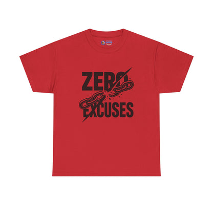 Red t-shirt with 'Zero Excuses' text and chain graphic on a white background