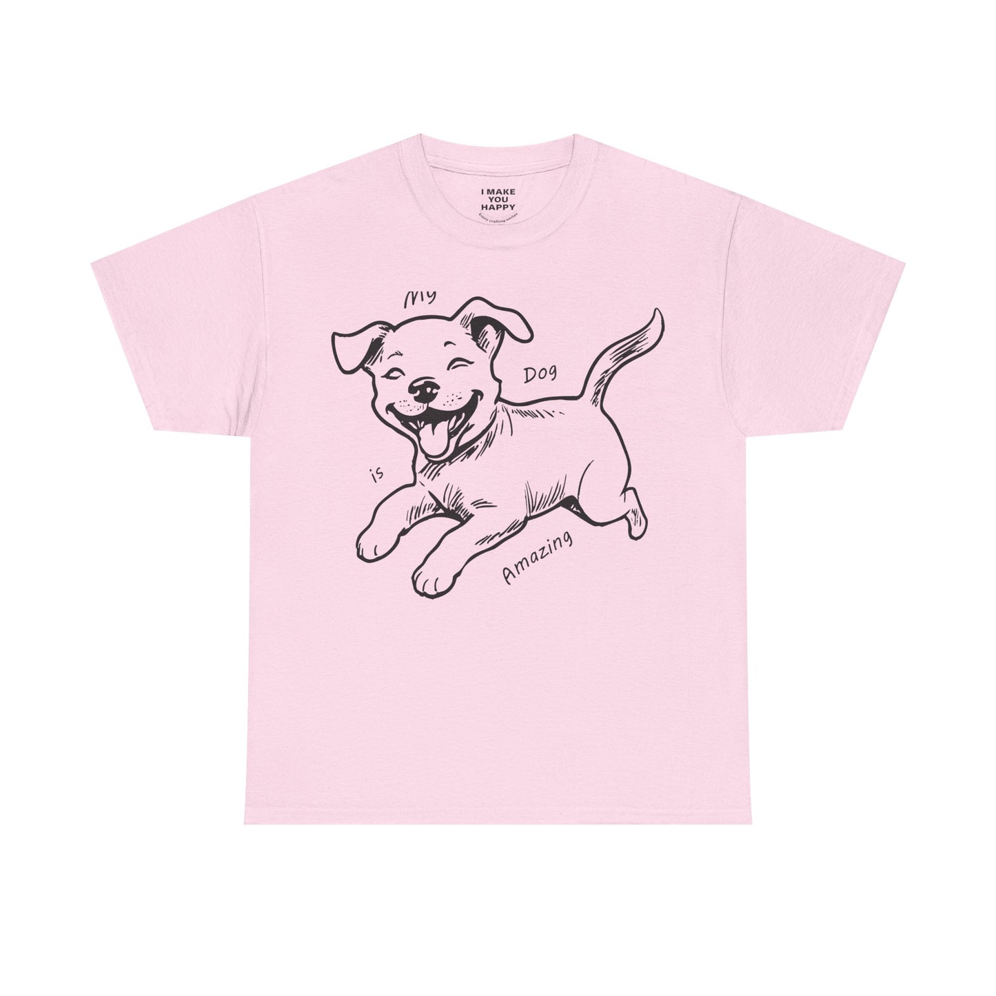 Pink t-shirt with a black dog illustration and text on a white background