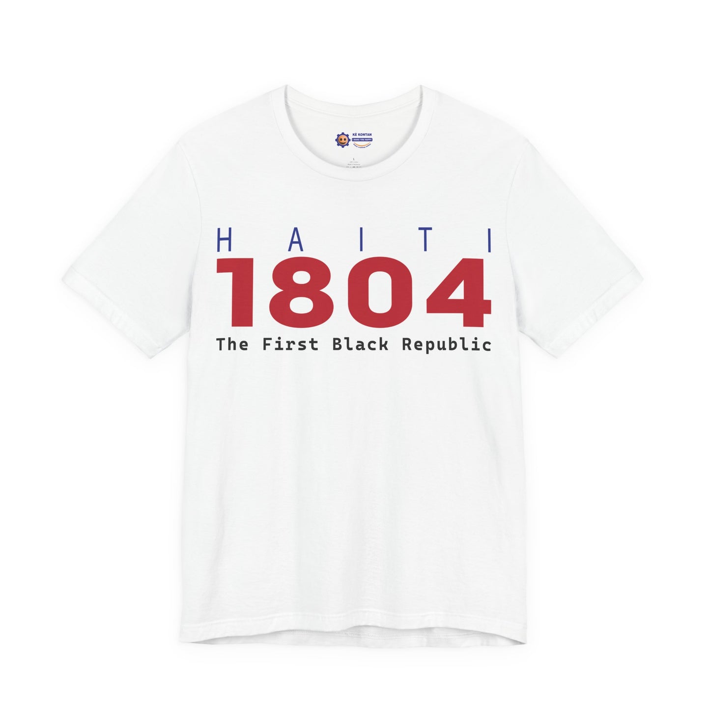White t-shirt with red and blue text on a white background