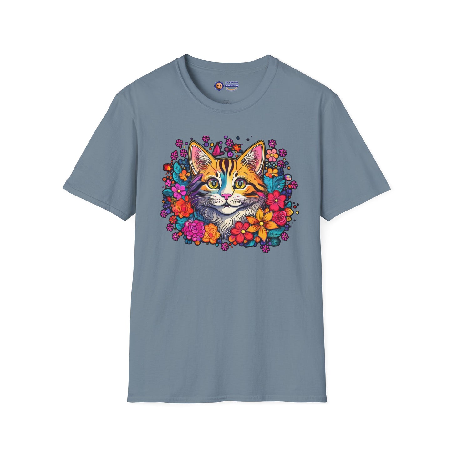 Gray "Happy Cat in Flowers design on white unisex softstyle t-shirt"