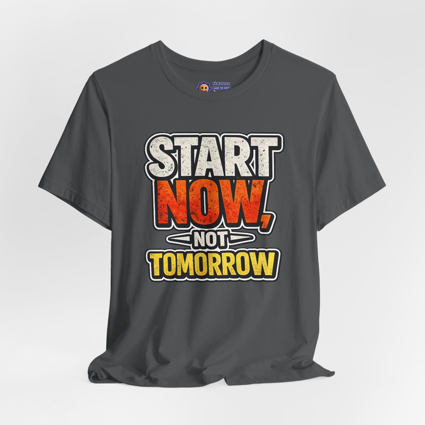 Gray t-shirt with motivational quote 'Start Now, Not Tomorrow' on a white background