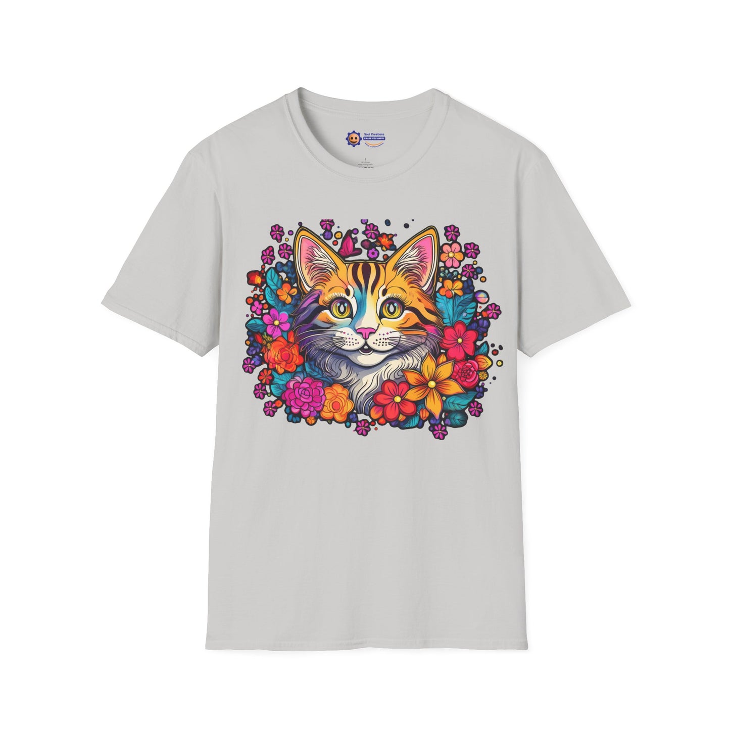 Light grey  t-shirt with a colorful cat and floral design on a white background