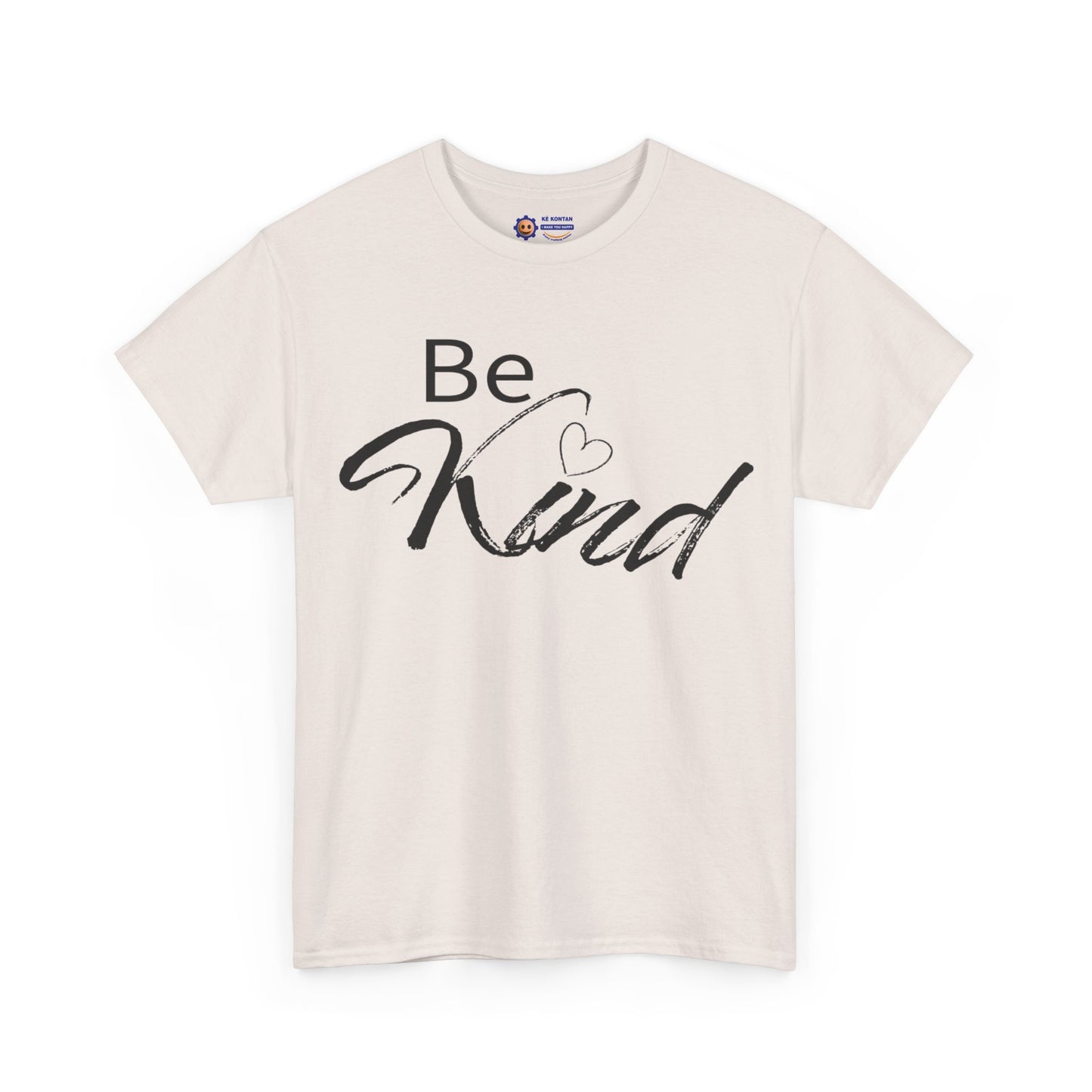 Beige t-shirt with 'Be Kind' text on a white background