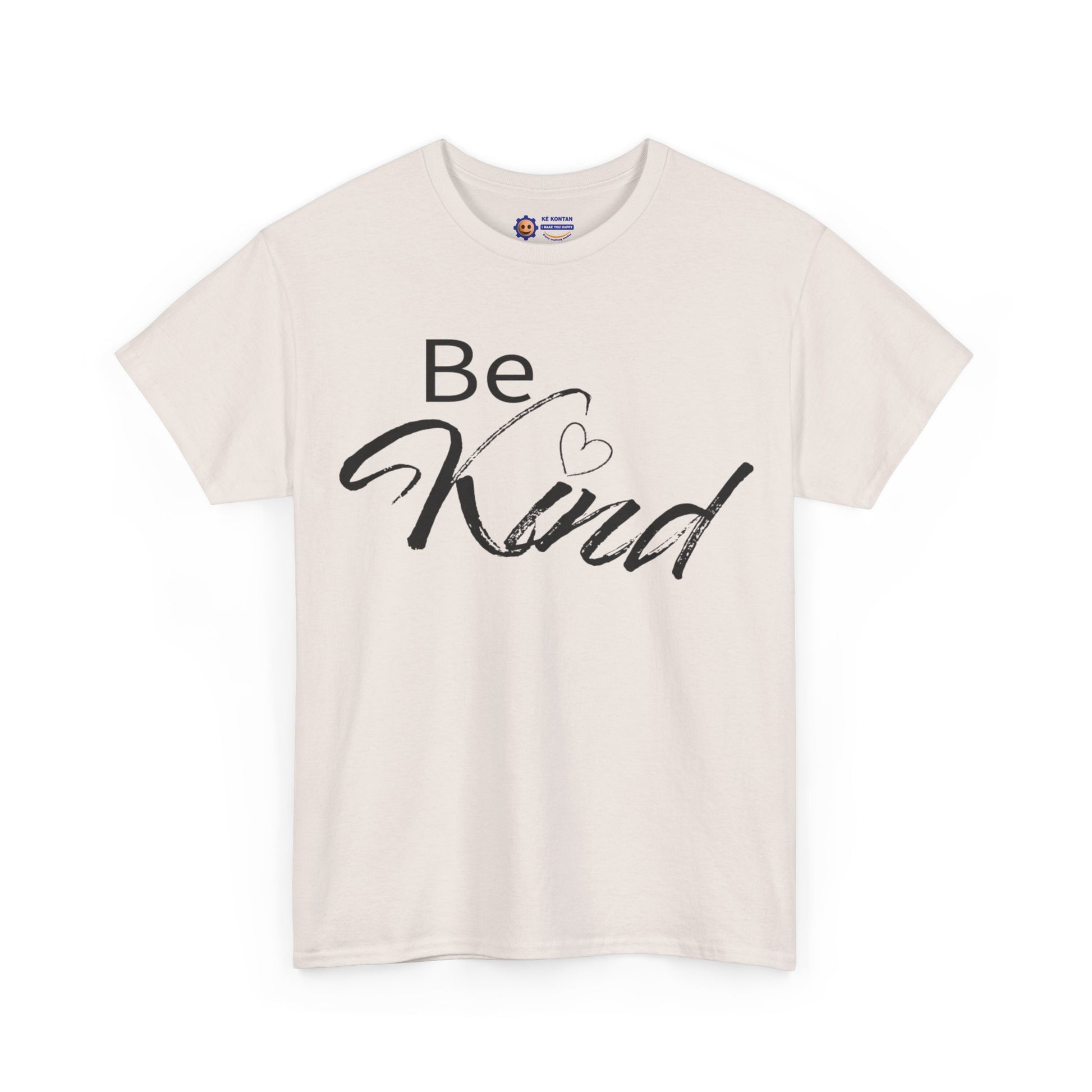 Beige t-shirt with 'Be Kind' text on a white background