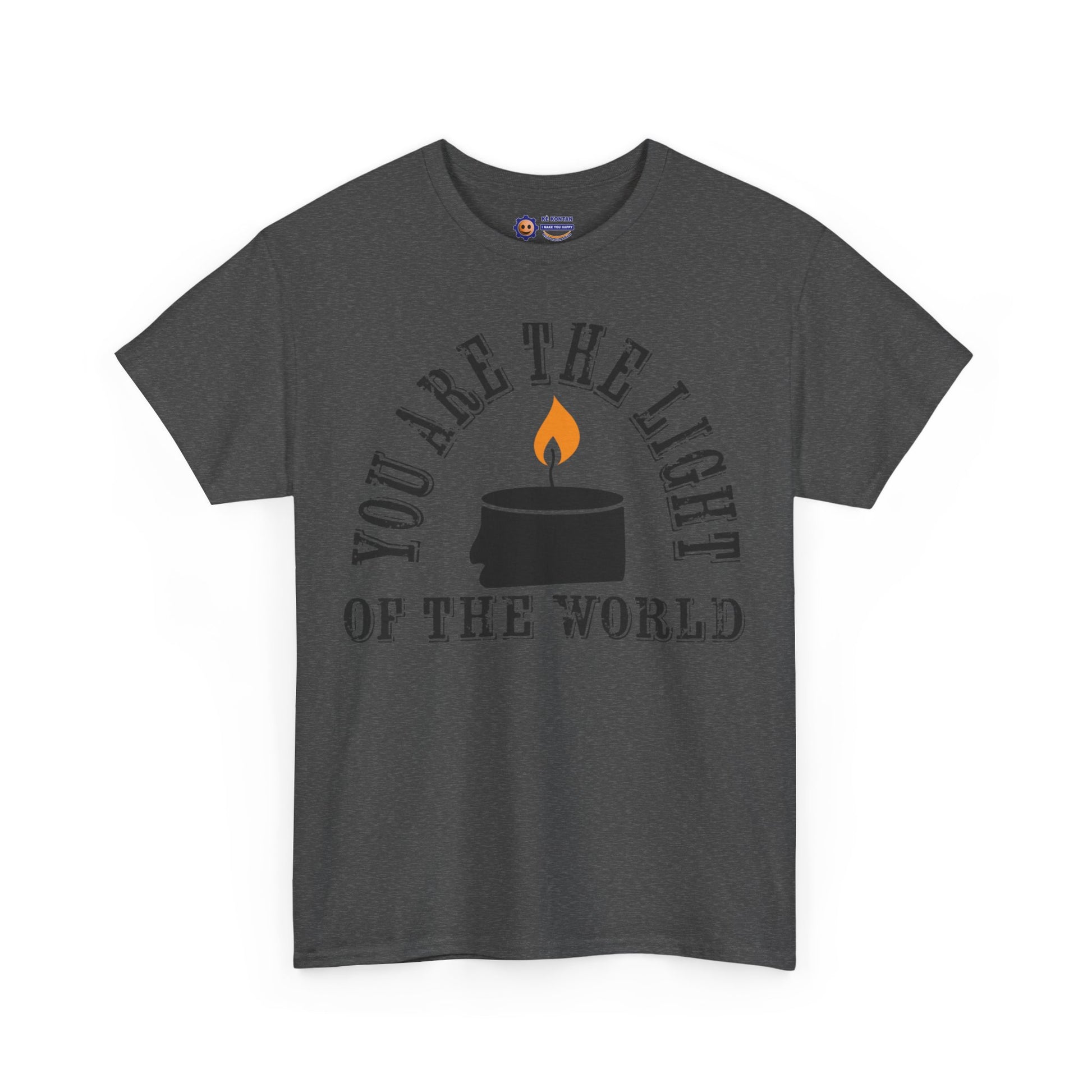 Gray t-shirt with a candle graphic and text on a white background