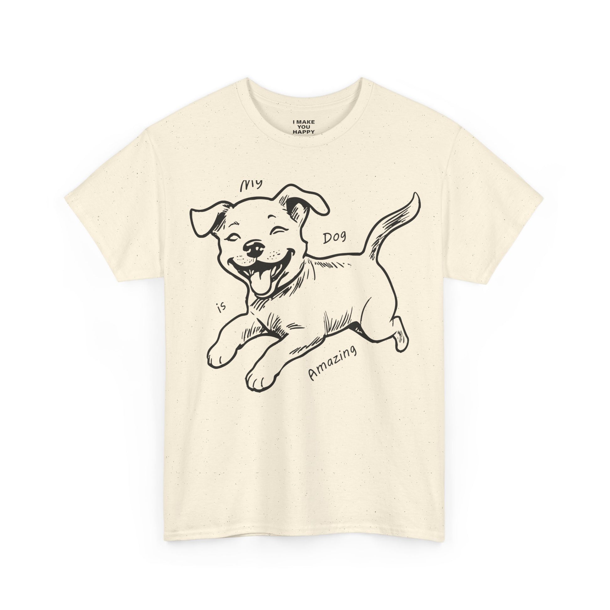 Beige t-shirt with a black dog illustration and text on a white background