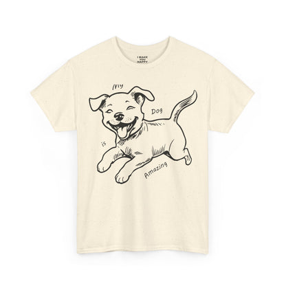 Beige t-shirt with a black dog illustration and text on a white background