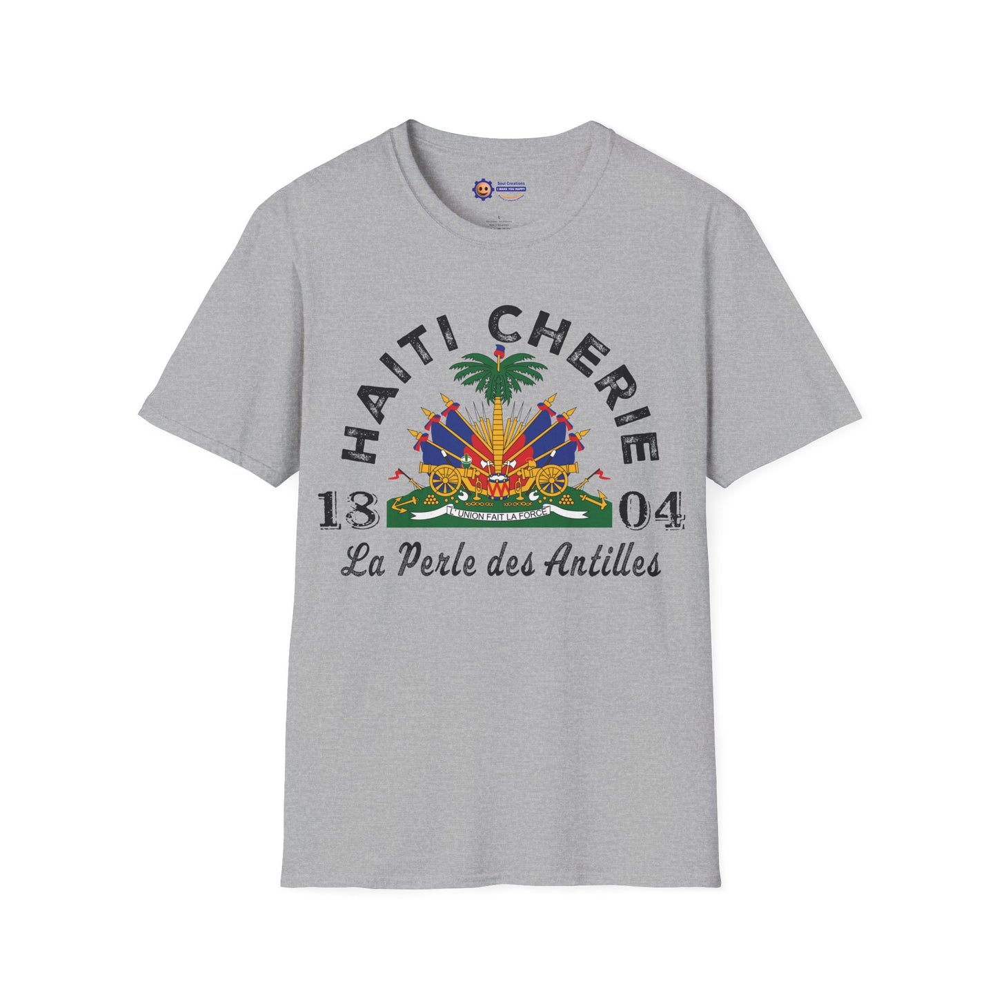 Gray t-shirt with 'Haiti Chérie' design on a white background