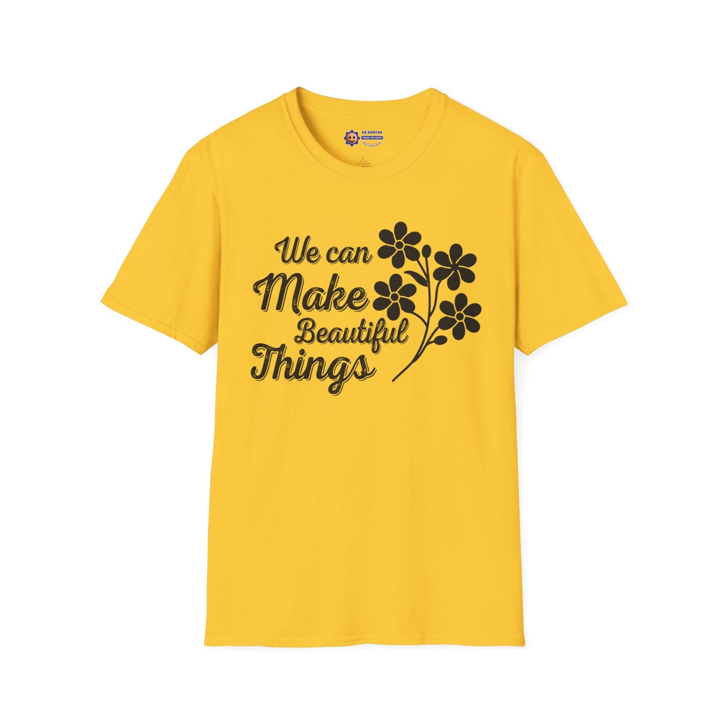 Yellow t-shirt with black text and floral design on a white background