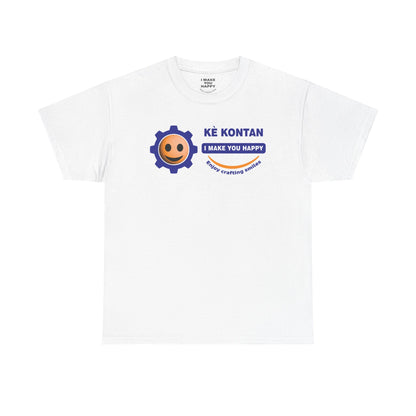 White t-shirt with a logo and text on a white background