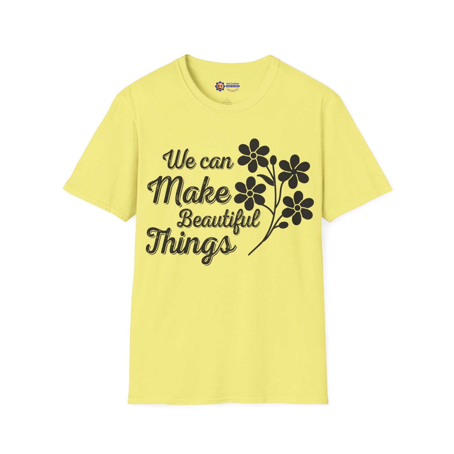 Yellow t-shirt with black text and floral design on a white background