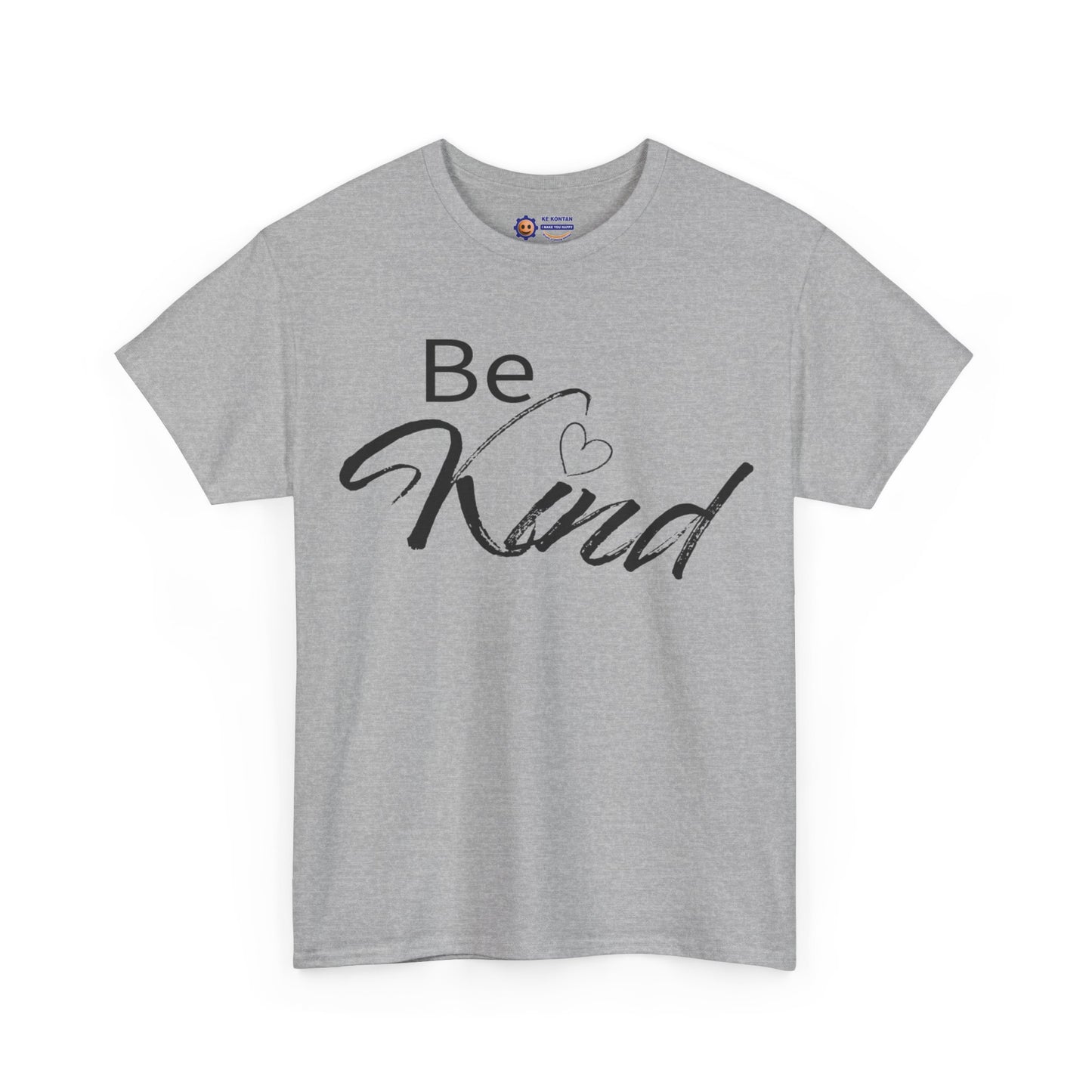 Gray t-shirt with 'Be Kind' text on a white background