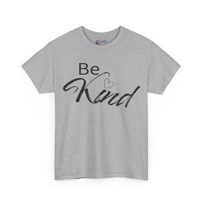 Gray t-shirt with 'Be Kind' text on a white background