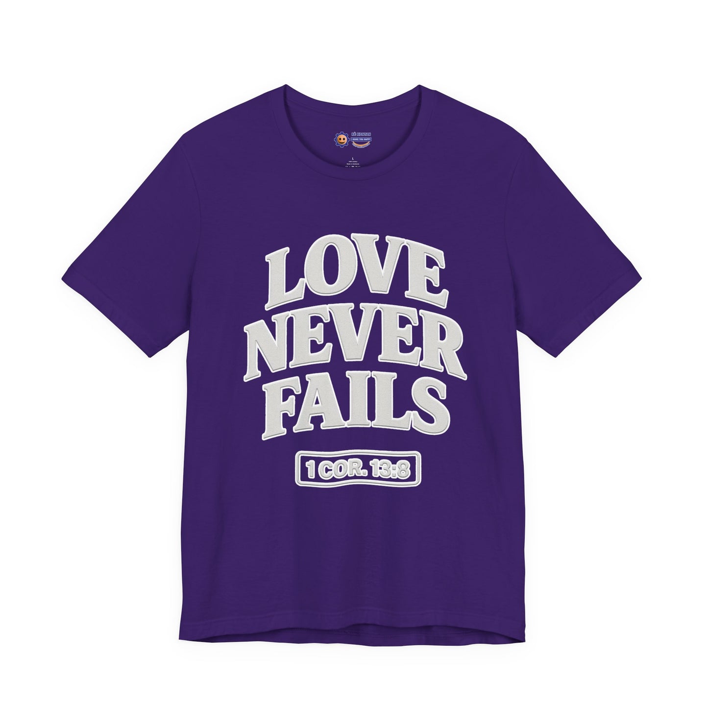 Purple t-shirt with 'LOVE NEVER FAILS' text on a white background