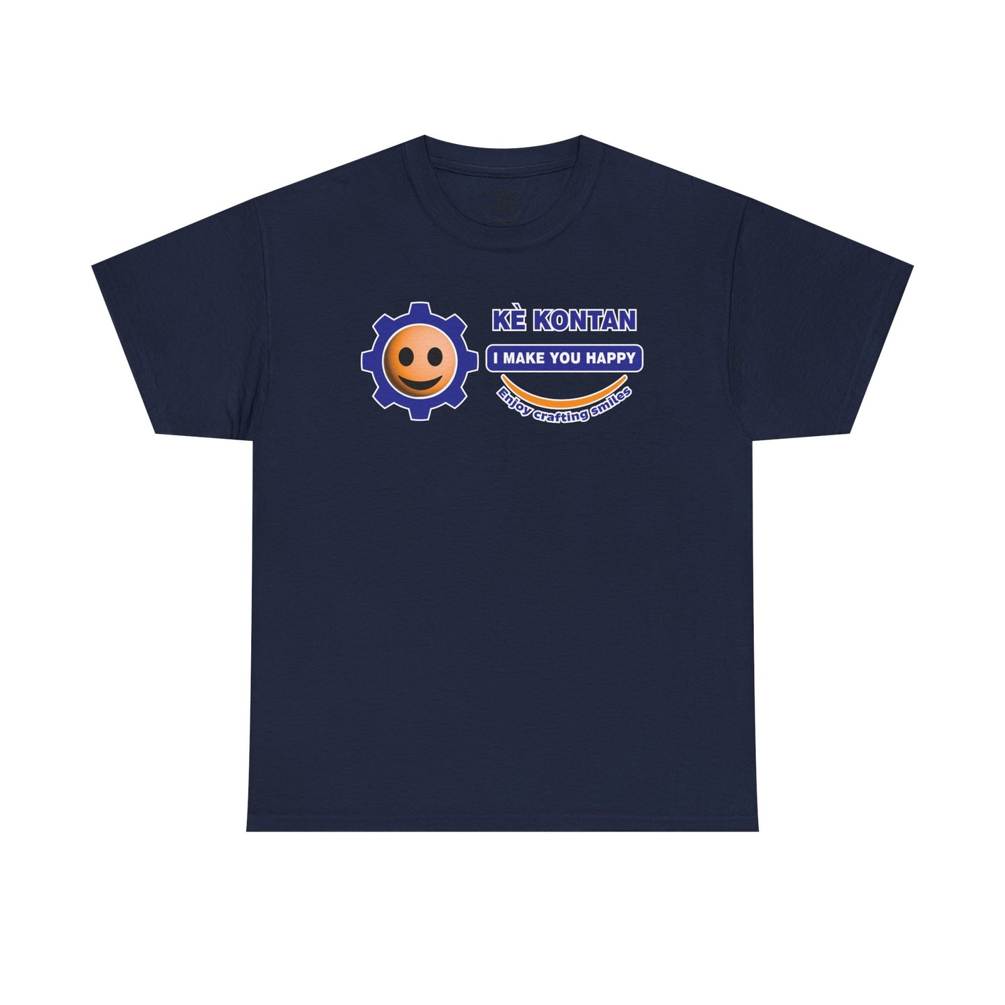 Navy blue t-shirt with a smiley face and text design on a white background