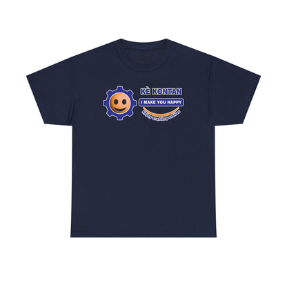 Navy blue t-shirt with a smiley face and text design on a white background