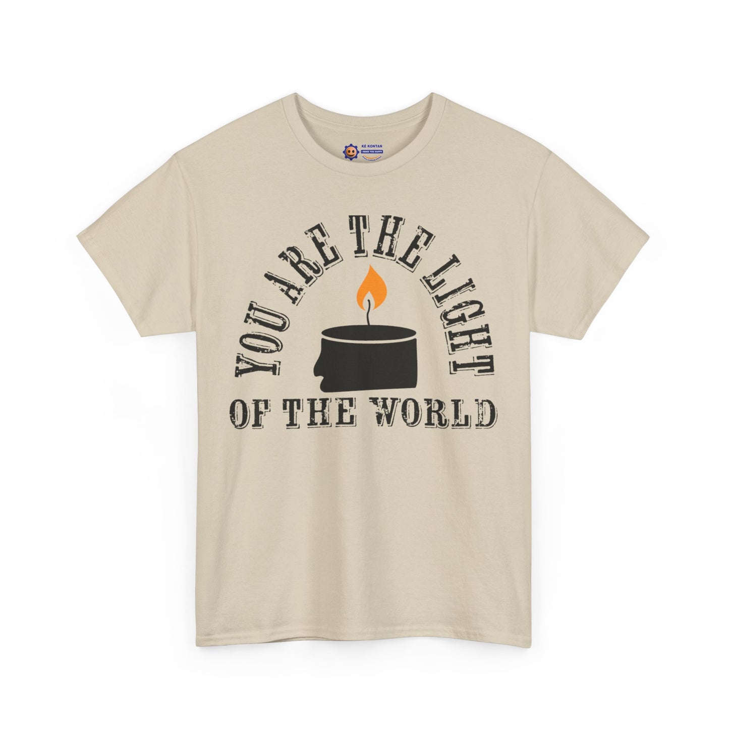 Beige t-shirt with a candle graphic and text on a white background