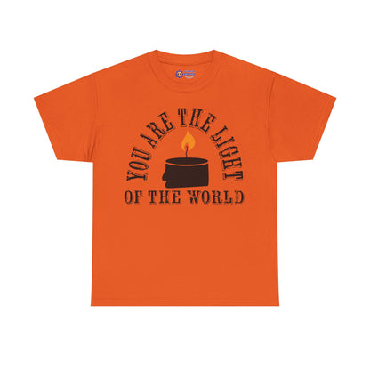 Orange t-shirt with a candle graphic and text on a white background