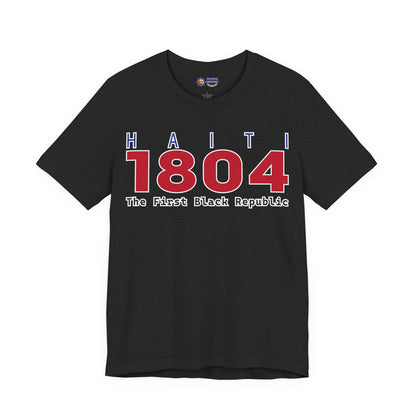 Black t-shirt with 'Haiti 1804 The First Black Republic' text on a white background
