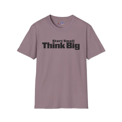 Mauve t-shirt with 'Start Small Think Big' text on a white background