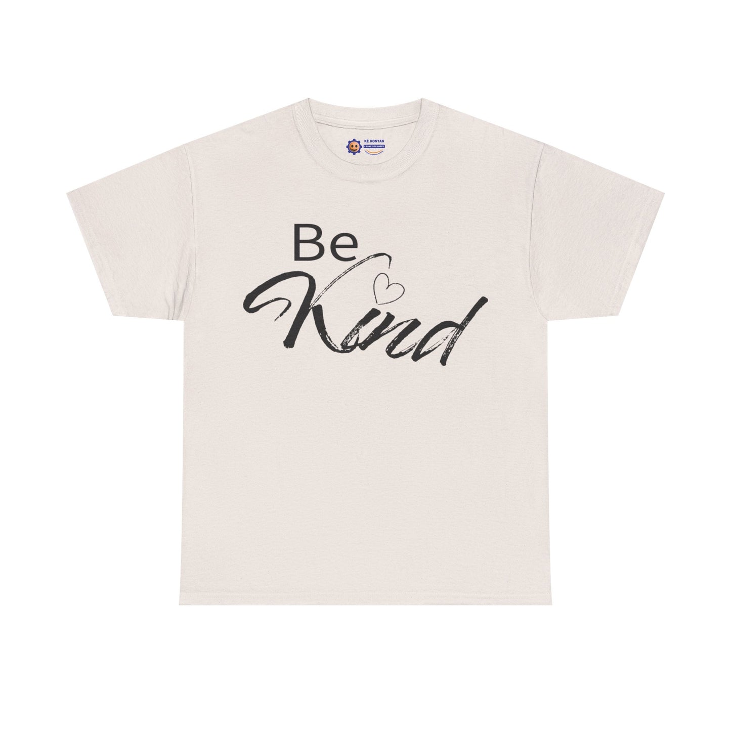 Beige t-shirt with 'Be Kind' text on a white background