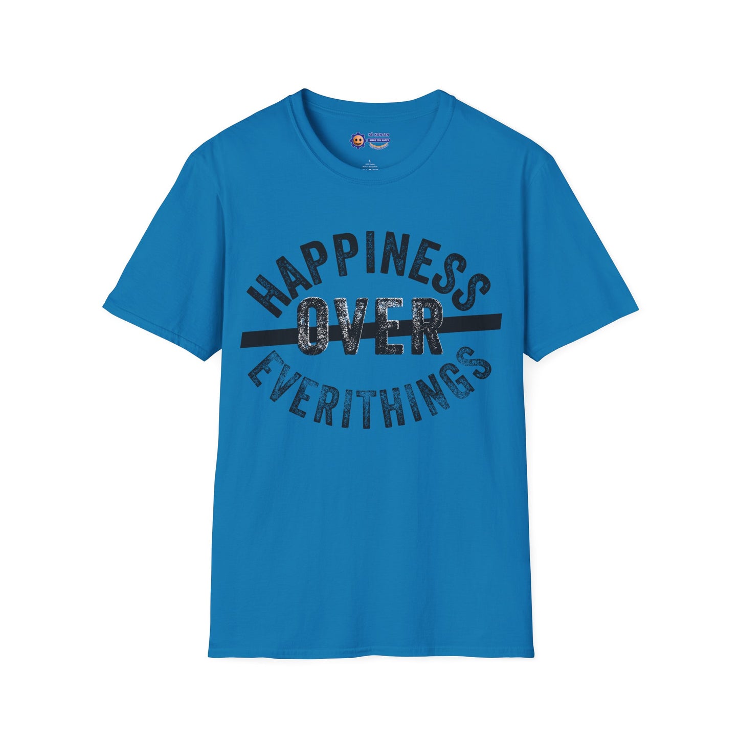 Blue t-shirt with 'Happiness Over Everithings' text on a white background