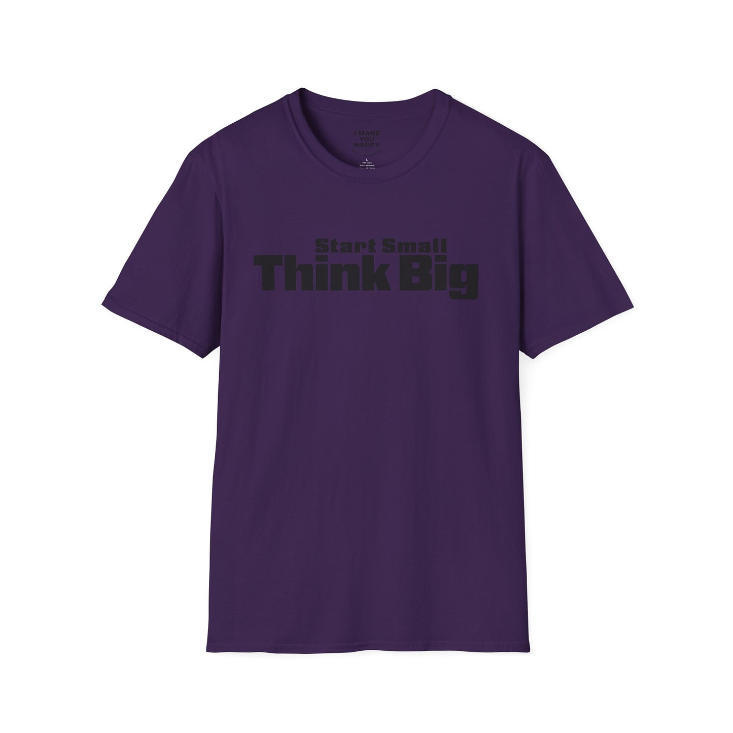 Purple t-shirt with 'Start Small Think Big' text on a white background