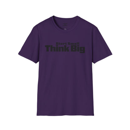 Purple t-shirt with 'Start Small Think Big' text on a white background