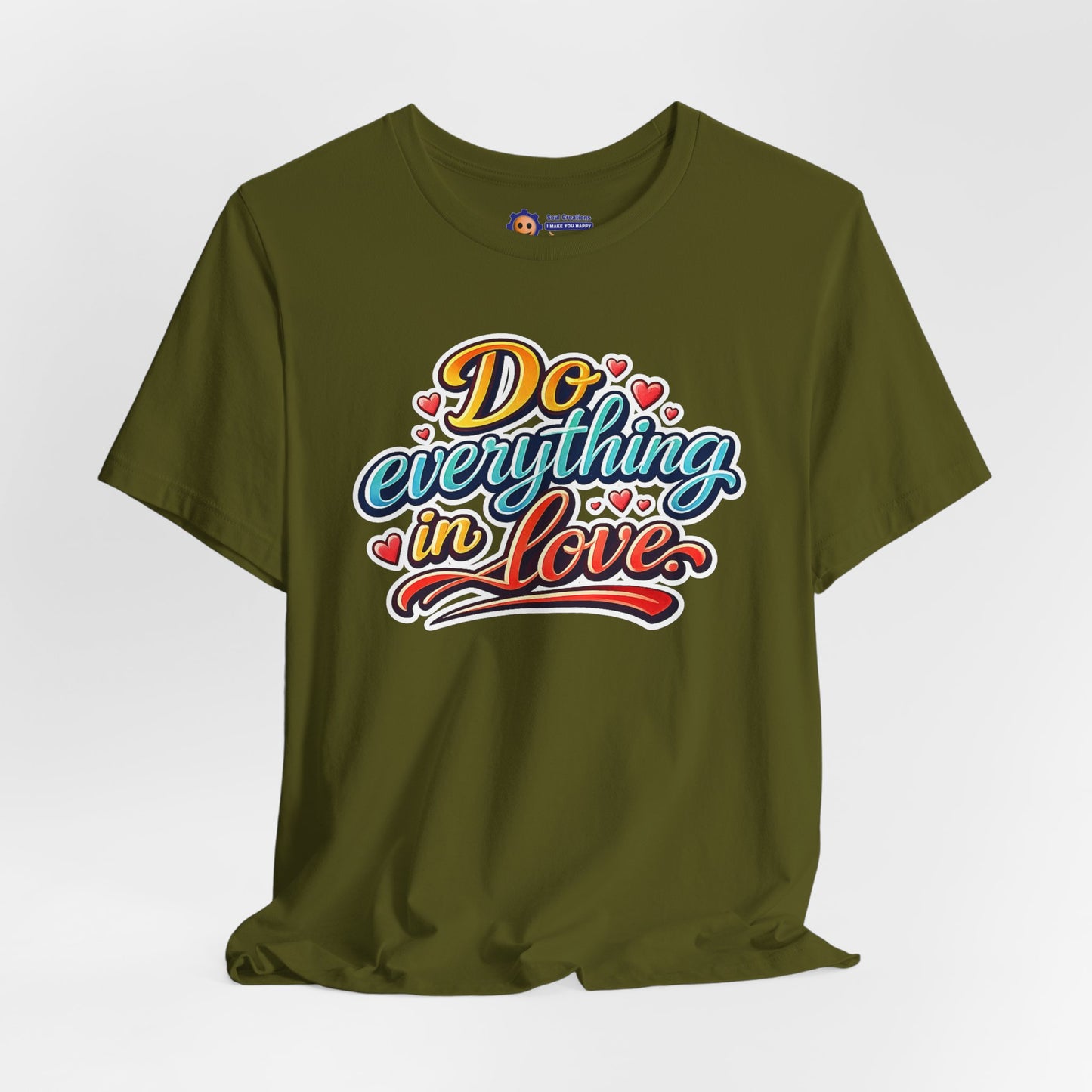 Green t-shirt with 'Do everything in Love' text on a white background