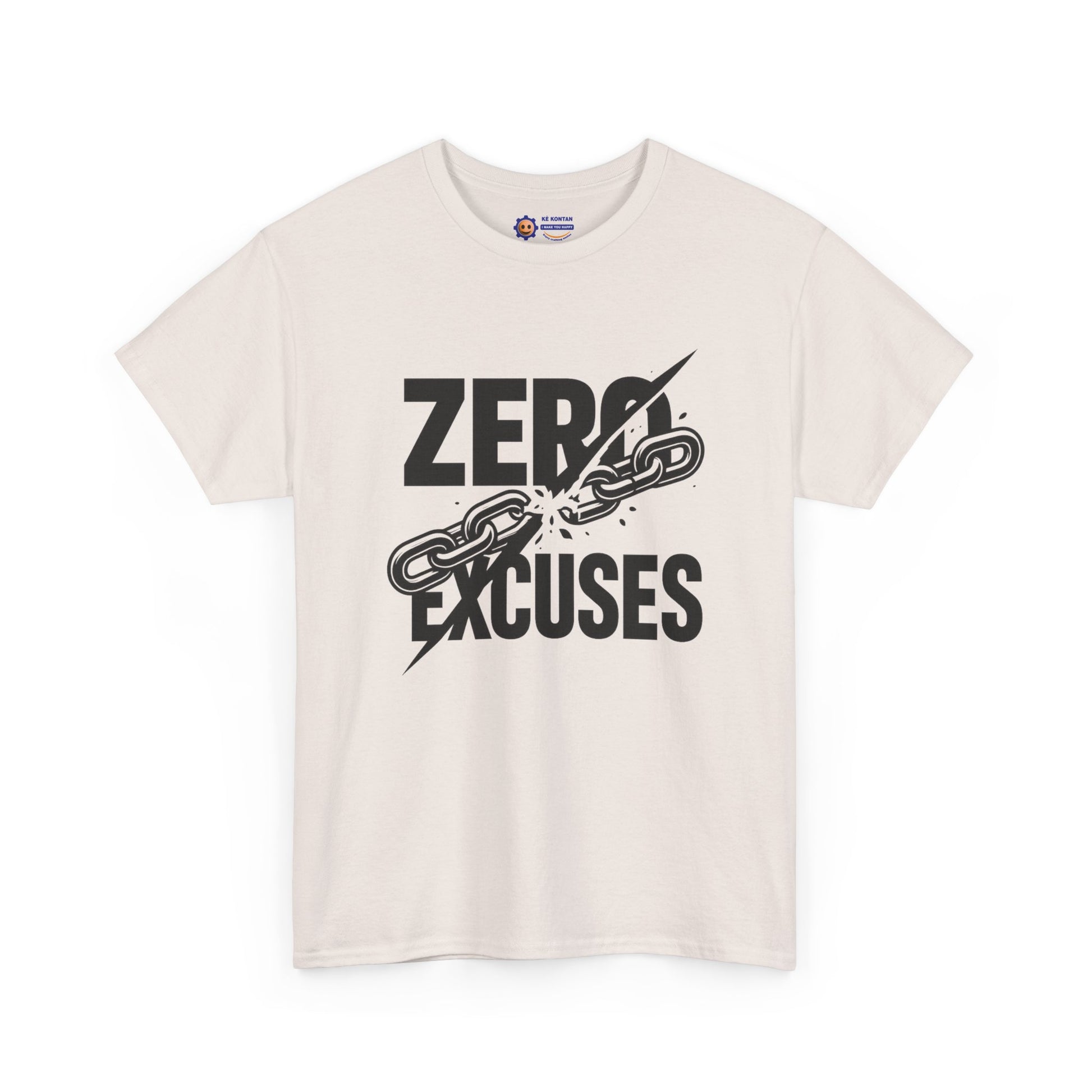 Beige t-shirt with 'Zero Excuses' graphic design on a white background