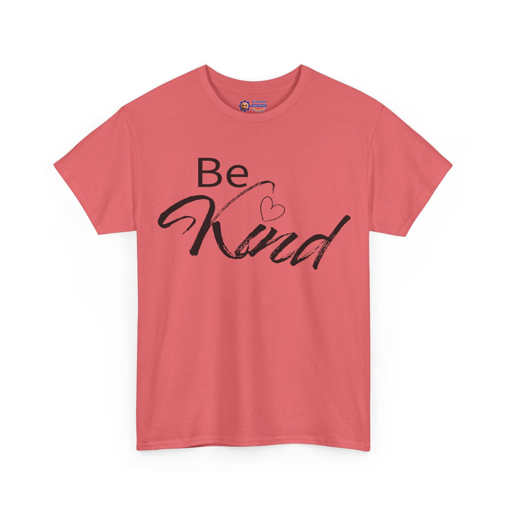 Pink t-shirt with 'Be Kind' text on a white background