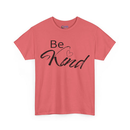 Pink t-shirt with 'Be Kind' text on a white background